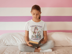 Girl wearing Unicorn Chemistry STEM T-Shirt