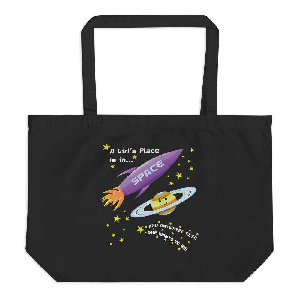 STEM tote with space rocket and happy saturn